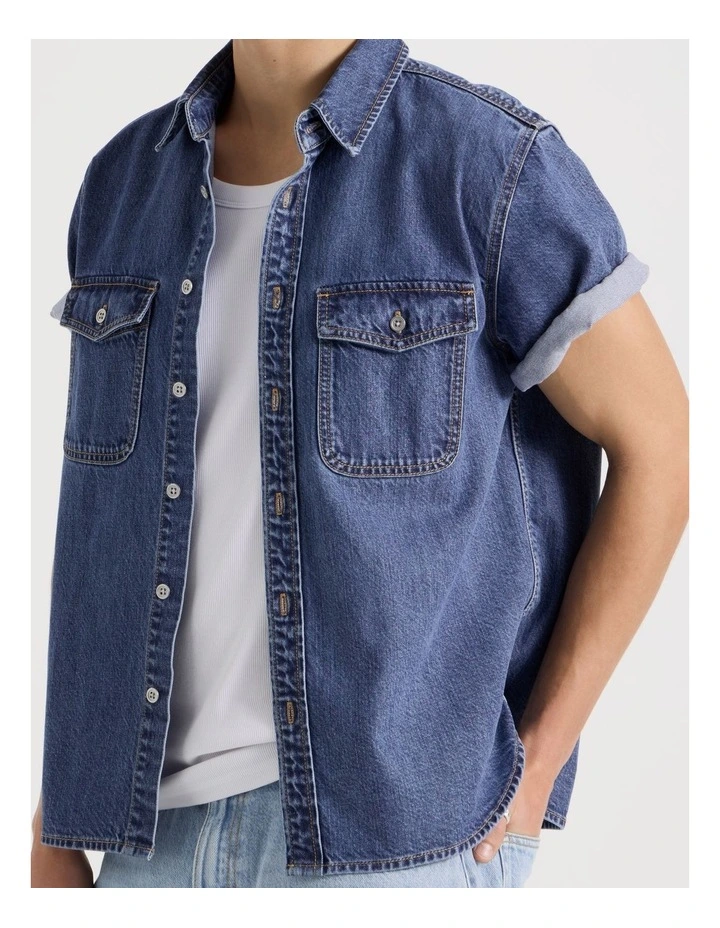 Lyocell Blend Short Sleeve Denim Shirt in Mid Blues image 4