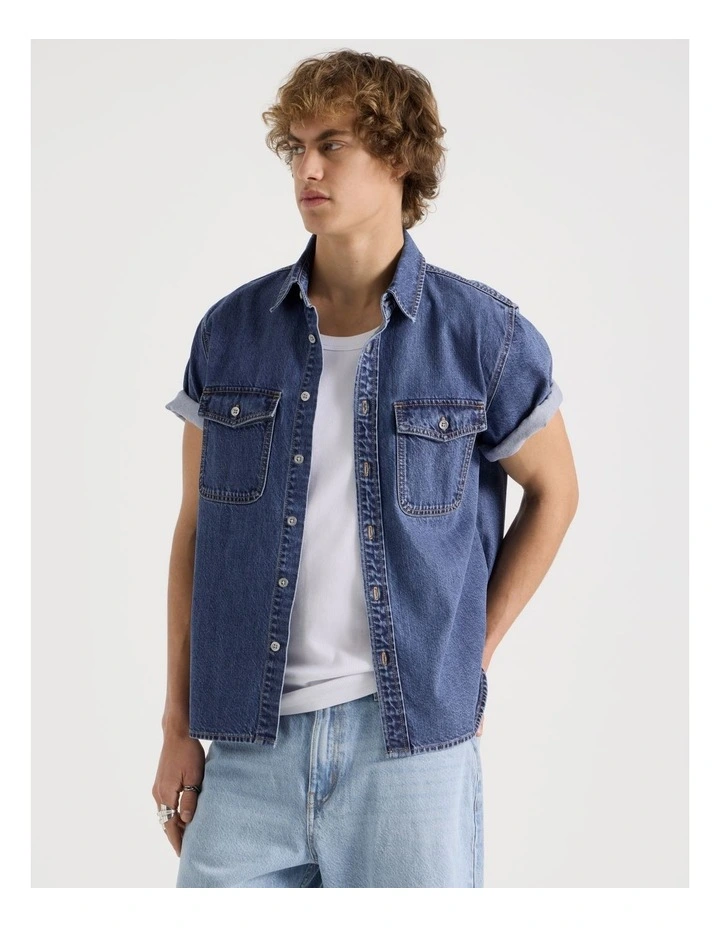 Lyocell Blend Short Sleeve Denim Shirt in Mid Blues image 5