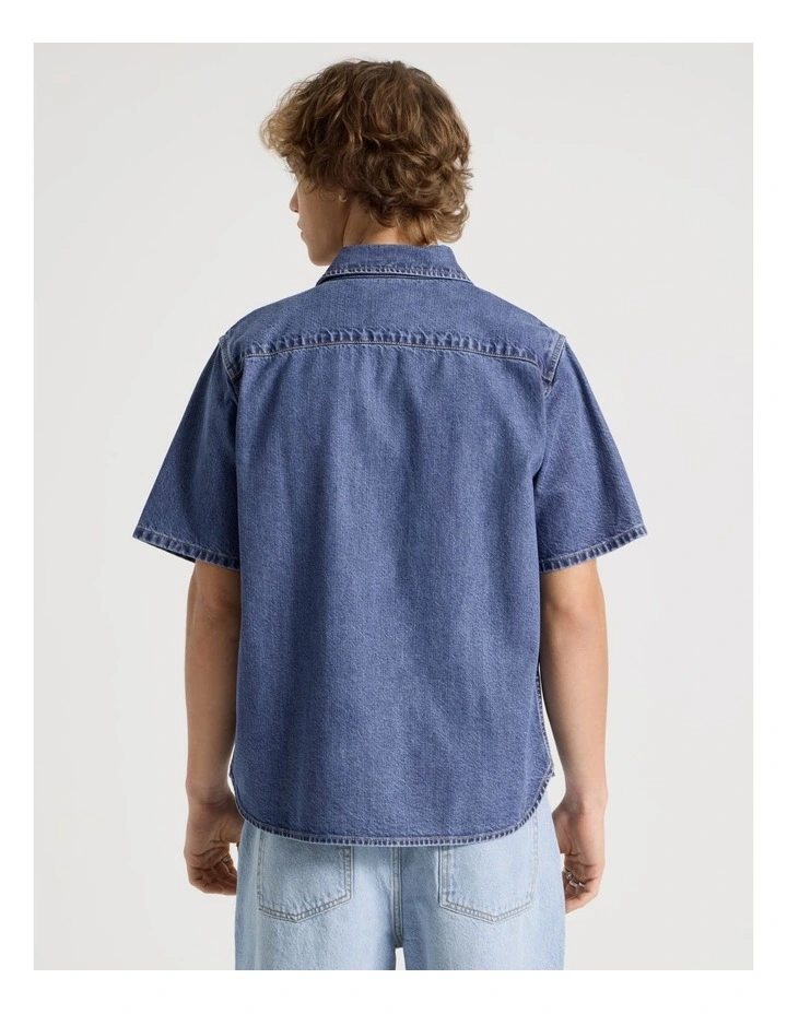 Lyocell Blend Short Sleeve Denim Shirt in Mid Blues image 6