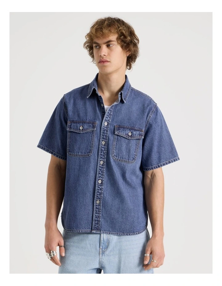 Lyocell Blend Short Sleeve Denim Shirt in Mid Blues image 7