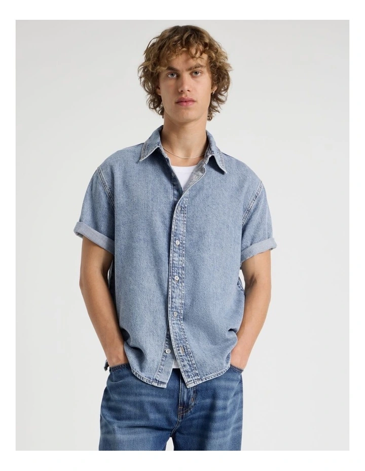 Lyocell Blend No Pocket Short Sleeve Denim Shirt in Light Blue image 1