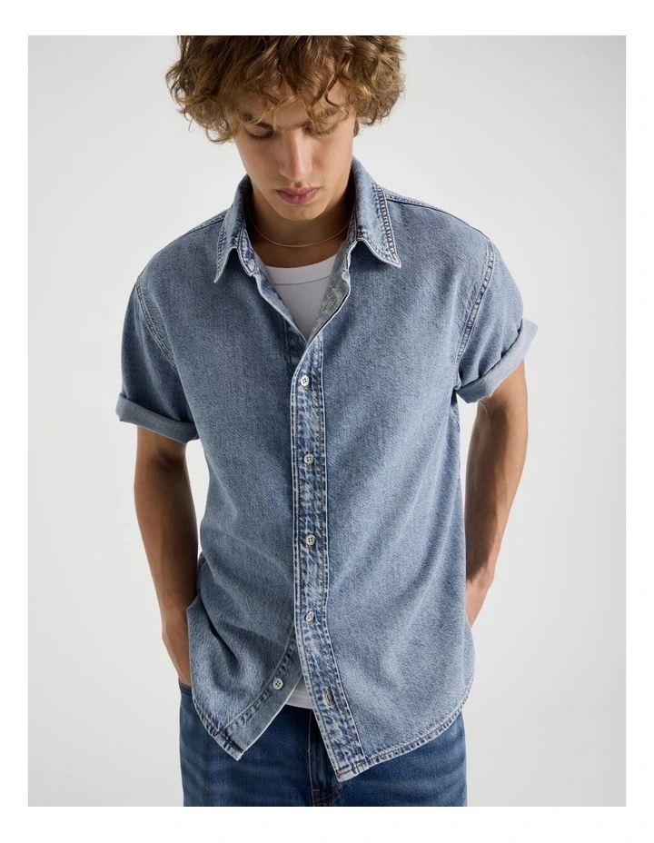 Lyocell Blend No Pocket Short Sleeve Denim Shirt in Light Blue image 2