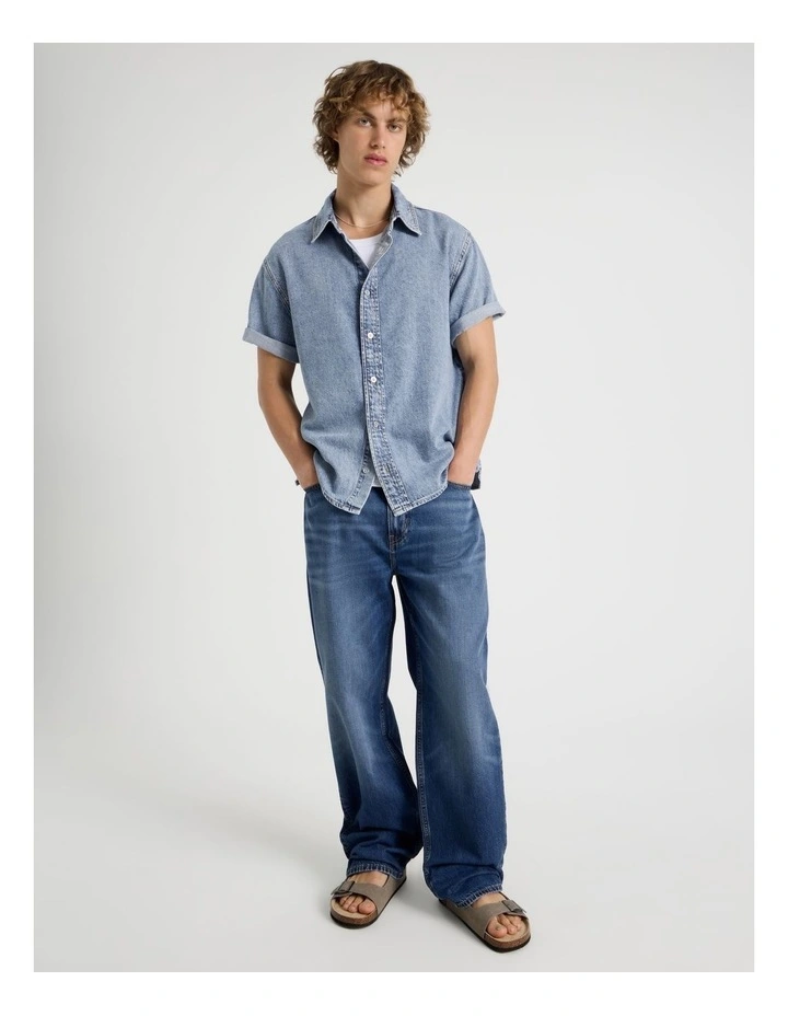 Lyocell Blend No Pocket Short Sleeve Denim Shirt in Light Blue image 3