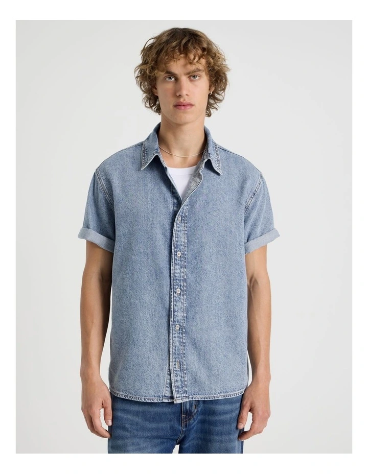 Lyocell Blend No Pocket Short Sleeve Denim Shirt in Light Blue image 5