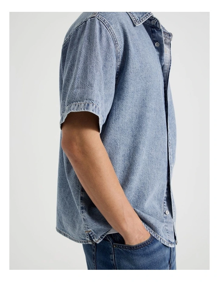 Lyocell Blend No Pocket Short Sleeve Denim Shirt in Light Blue image 7