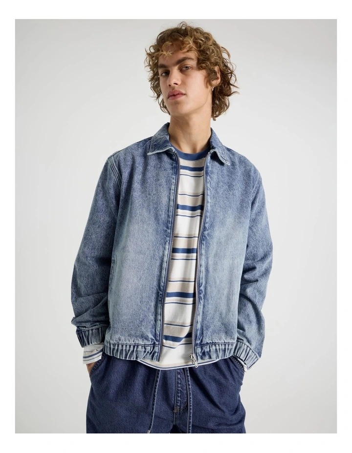 Zip Through Denim Bomber Jacket in Mid Blues image 1