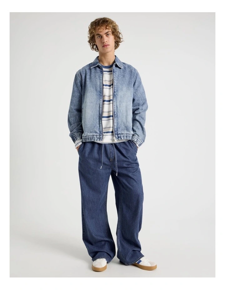 Zip Through Denim Bomber Jacket in Mid Blues image 2