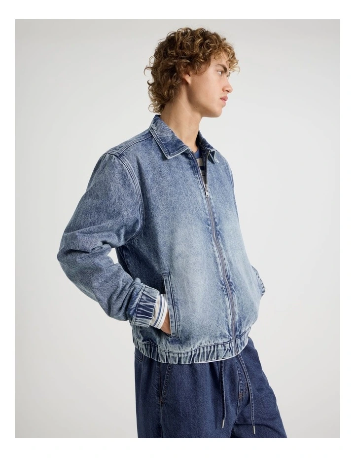 Zip Through Denim Bomber Jacket in Mid Blues image 3