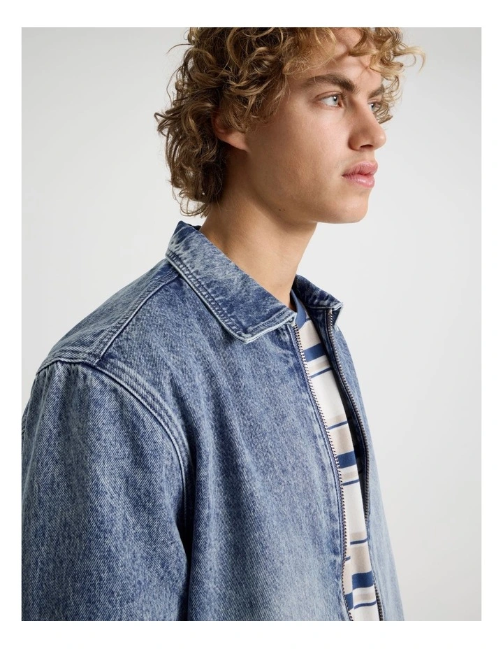 Zip Through Denim Bomber Jacket in Mid Blues image 4
