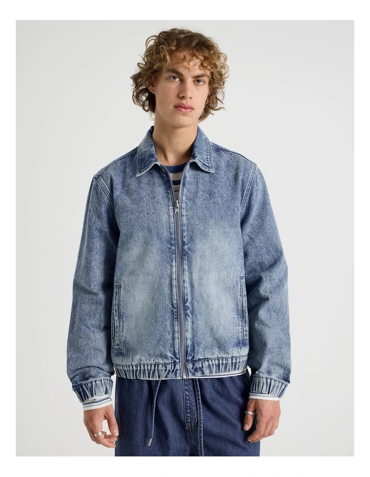 Zip Through Denim Bomber Jacket in Mid Blues image 5