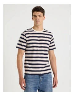 Crew Neck Stripe T-Shirt in Navy