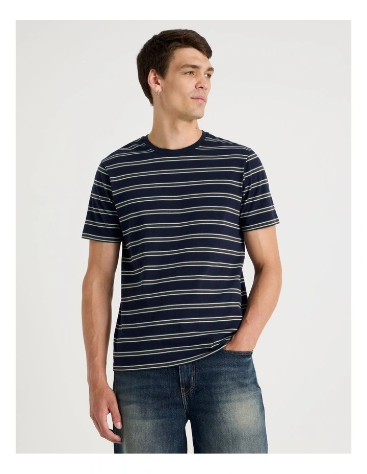 Crew Neck Stripe T-Shirt in Navy image 1