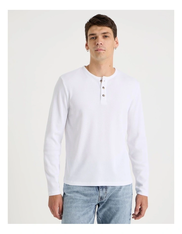 Slim Henley Waffle in White image 2