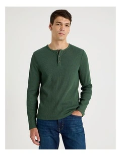 Garment Dye Slim Henley Waffle in Dark Green