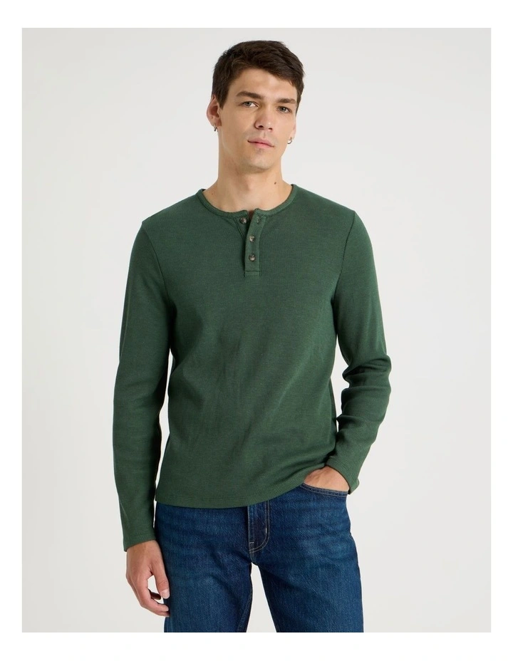 Garment Dye Slim Henley Waffle in Dark Green image 1