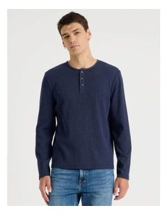 Garment Dye Slim Henley Waffle in Navy