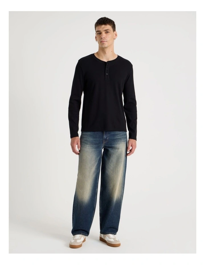 Regular Fit Henley Rib Knit in Black image 2
