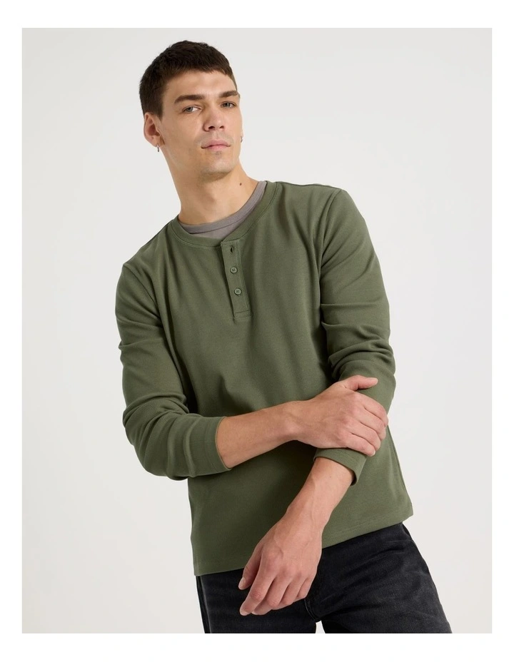 Regular Fit Henley Rib Knit in Light Khaki image 1