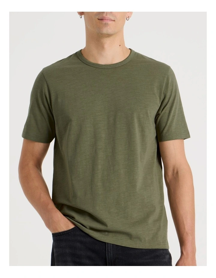Crew Neck Slub T-Shirt in Light Khaki image 3