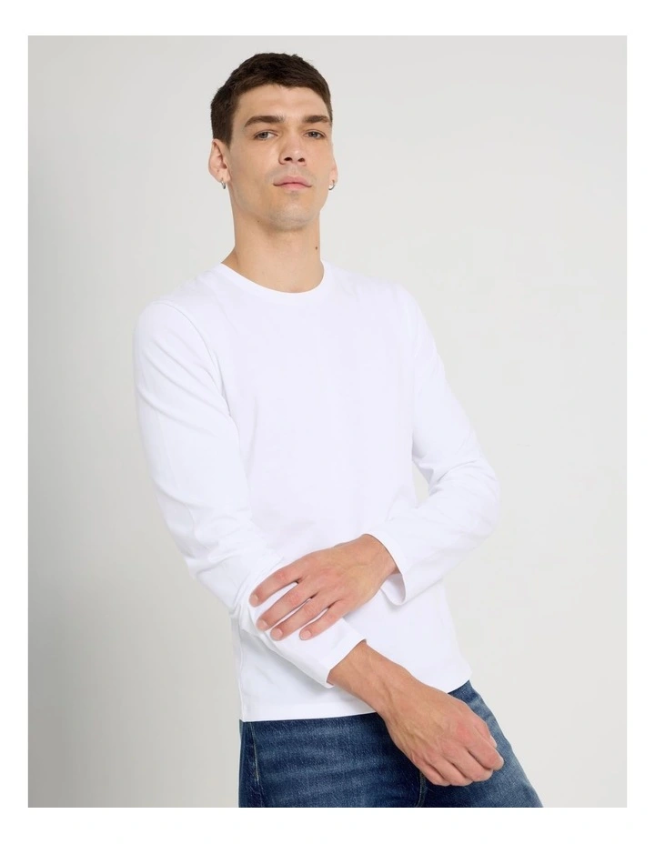 Slim Crew Neck Long Sleeve T-Shirt in White image 3