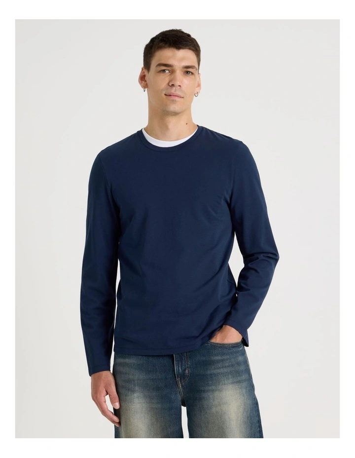 Garment Dye Slim Crew Neck Long Sleeve T-Shirt in Navy image 2