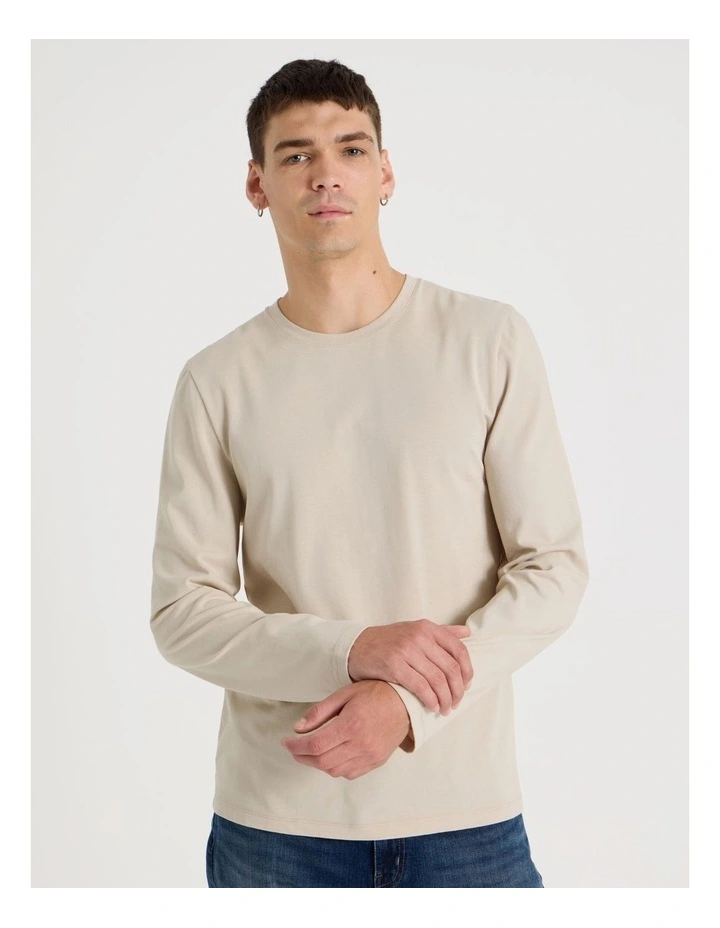 Garment Dye Slim Crew Neck Long Sleeve T-Shirt in Bone image 1