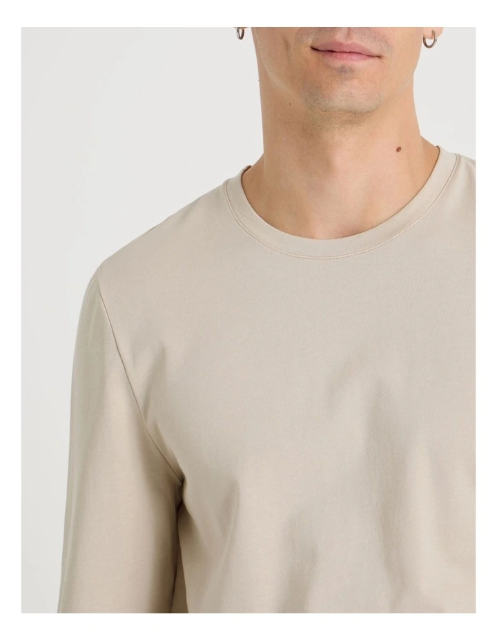Garment Dye Slim Crew Neck Long Sleeve T-Shirt in Bone image 3