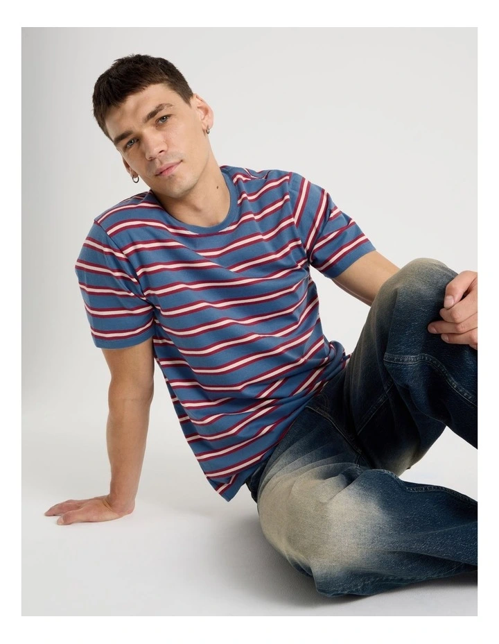 Crew Neck Stripe T-Shirt in Mid Blues image 2