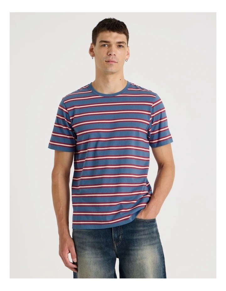 Crew Neck Stripe T-Shirt in Mid Blues image 3