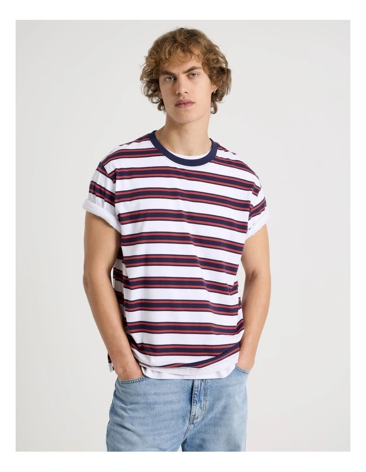 Loose Crew Neck Stripe T-Shirt in White image 1