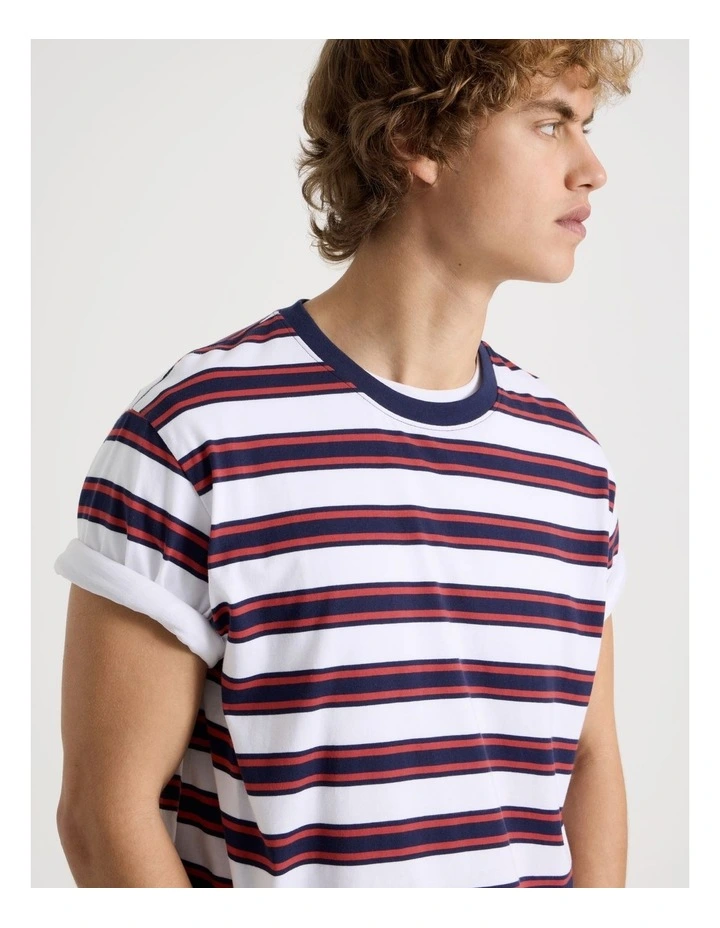 Loose Crew Neck Stripe T-Shirt in White image 2