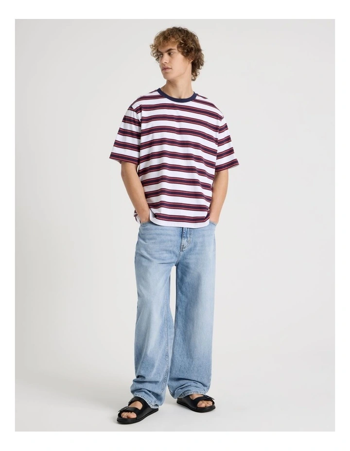 Loose Crew Neck Stripe T-Shirt in White image 3