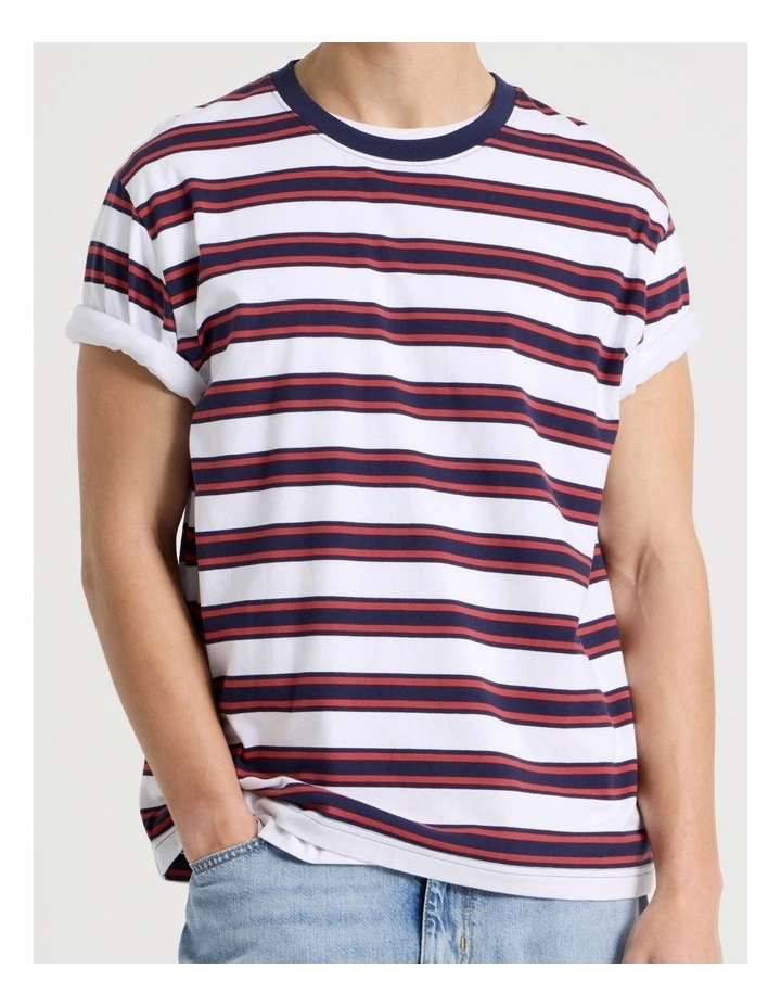 Loose Crew Neck Stripe T-Shirt in White image 4