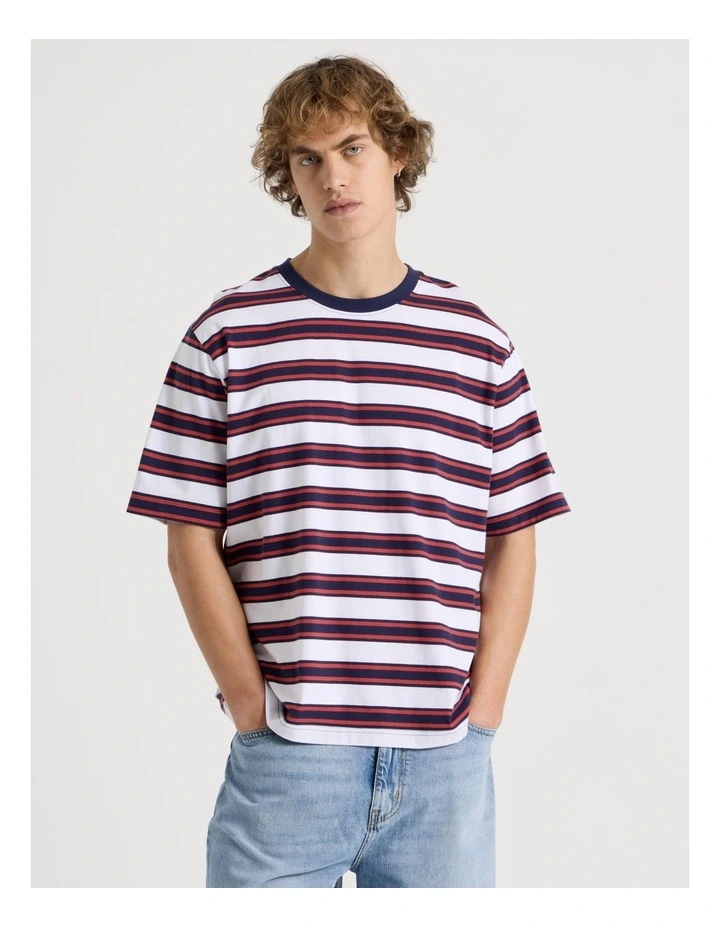 Loose Crew Neck Stripe T-Shirt in White image 5