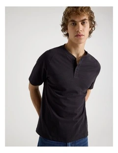Short Sleeve Henley Slub in Black