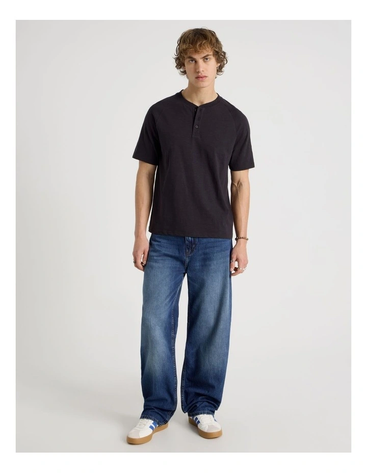 Short Sleeve Henley Slub in Black image 2