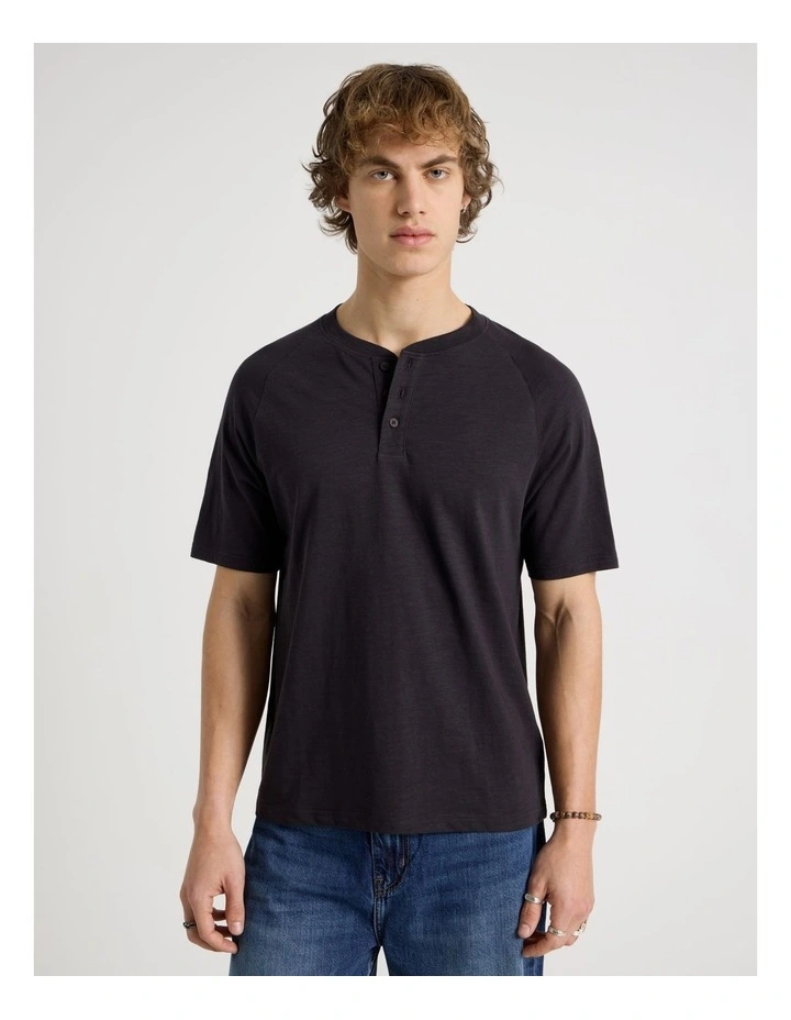 Short Sleeve Henley Slub in Black image 3
