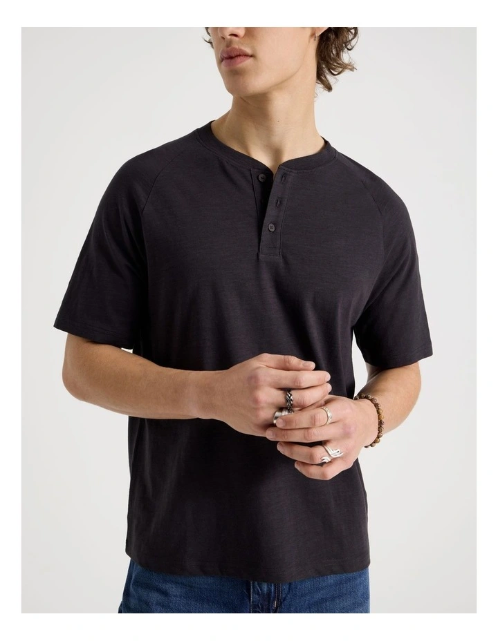 Short Sleeve Henley Slub in Black image 6