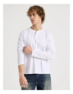 Long Sleeve Henley Slub in White