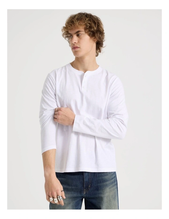 Long Sleeve Henley Slub in White image 1