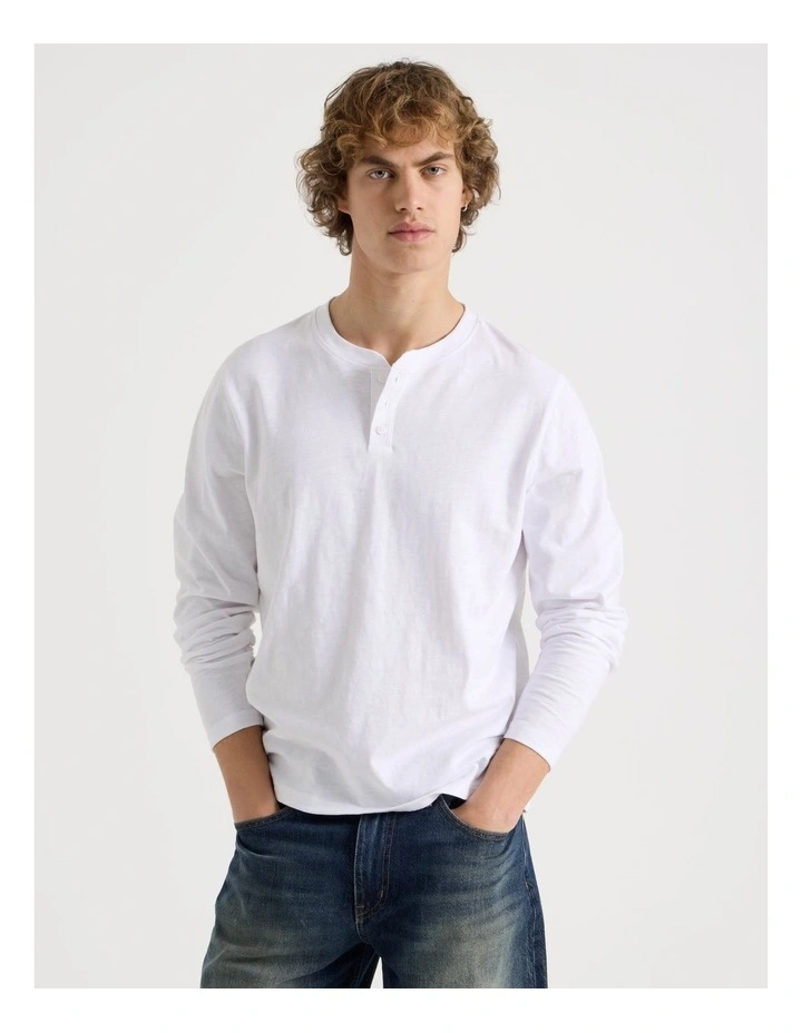 Long Sleeve Henley Slub in White image 3