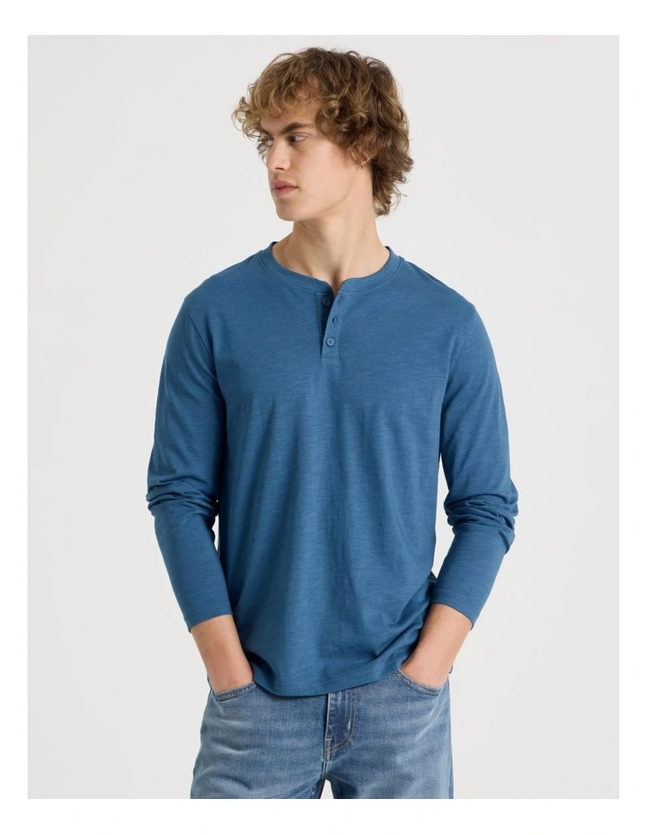 Long Sleeve Henley Slub in Blue image 2