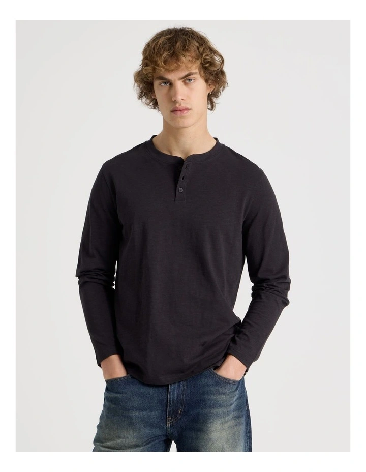 Long Sleeve Henley Slub in Black image 1
