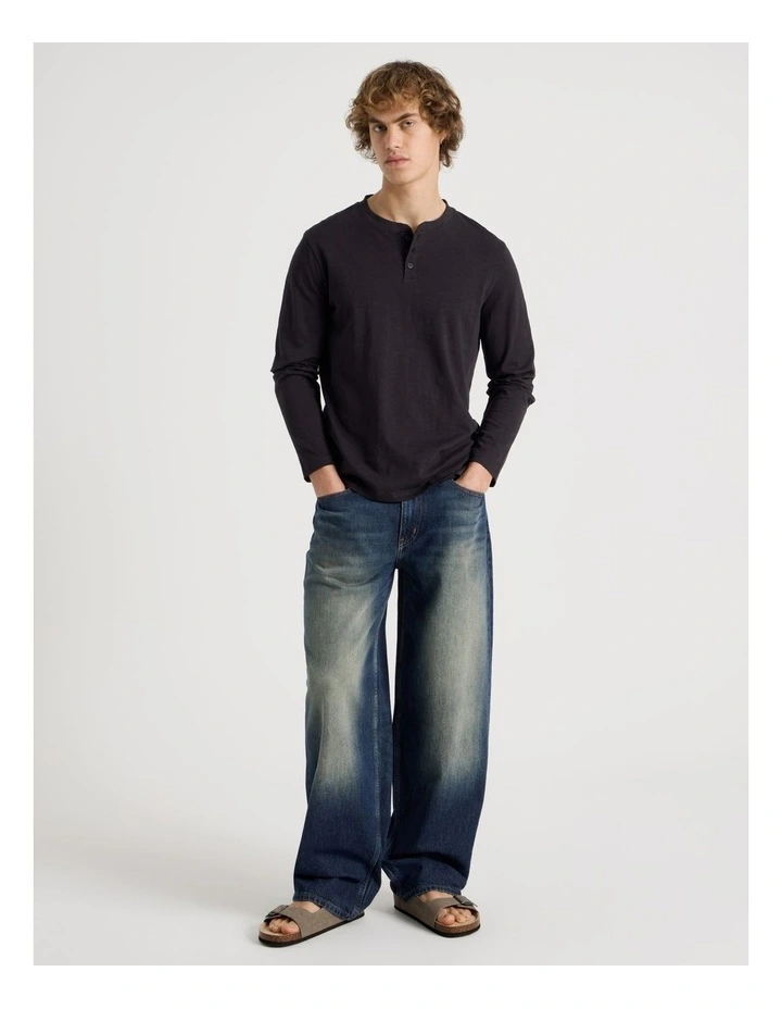 Long Sleeve Henley Slub in Black image 2