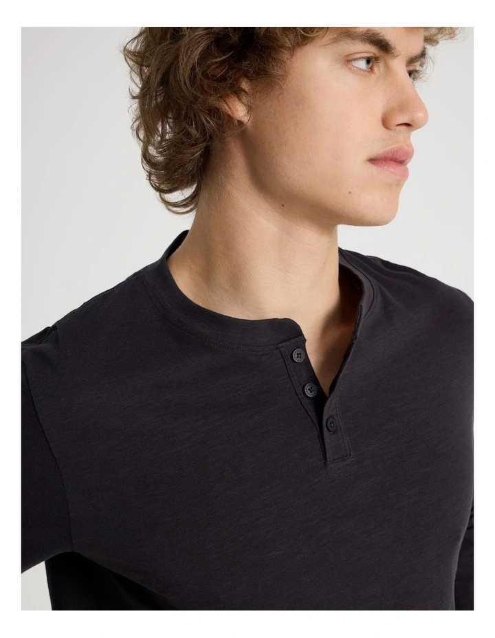 Long Sleeve Henley Slub in Black image 3