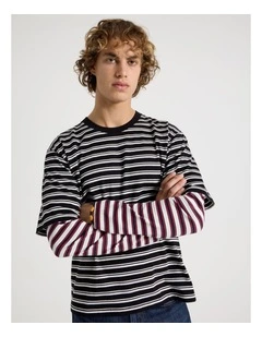 Double Sleeve Crew Neck Stripe T-Shirt in Black