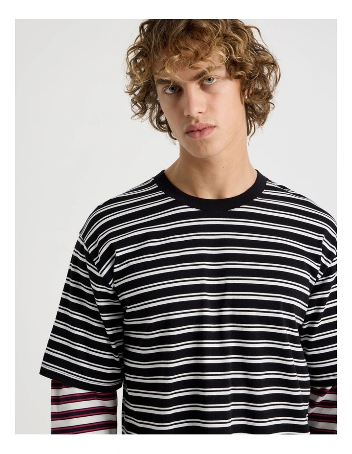 Double Sleeve Crew Neck Stripe T-Shirt in Black image 2