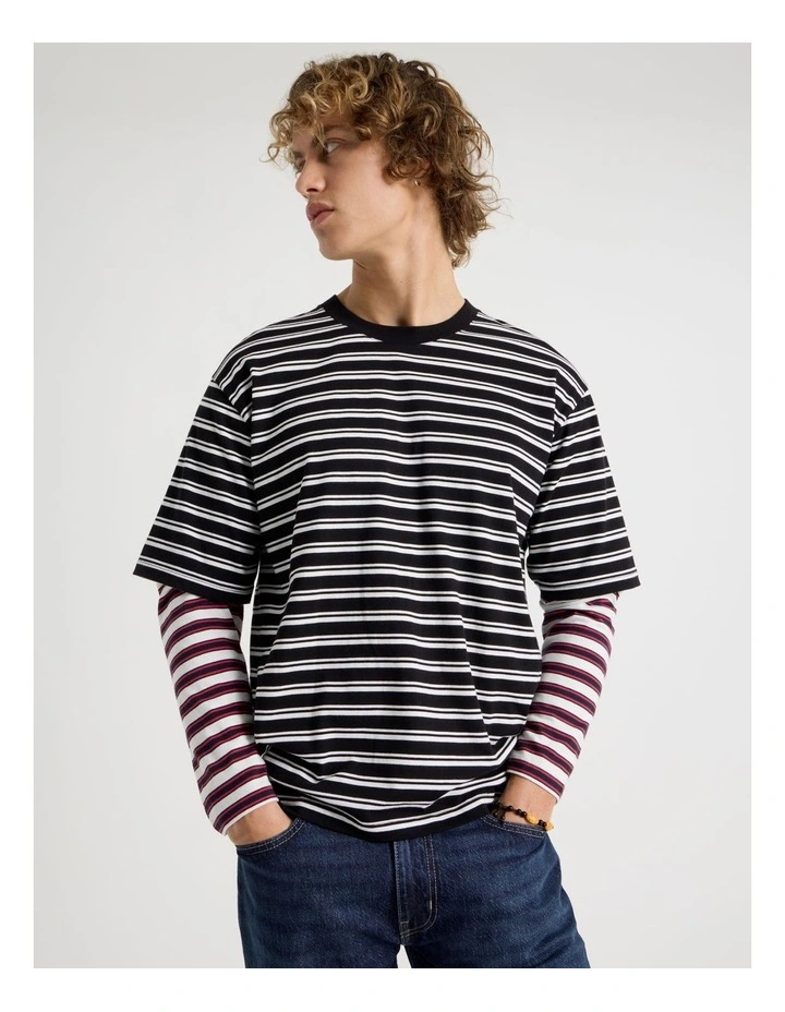 Double Sleeve Crew Neck Stripe T-Shirt in Black image 3