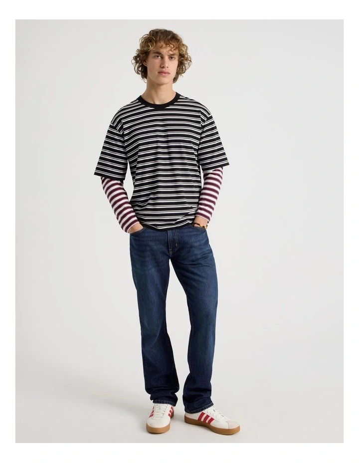 Double Sleeve Crew Neck Stripe T-Shirt in Black image 4