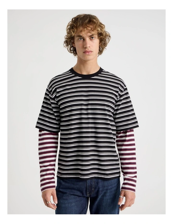 Double Sleeve Crew Neck Stripe T-Shirt in Black image 5